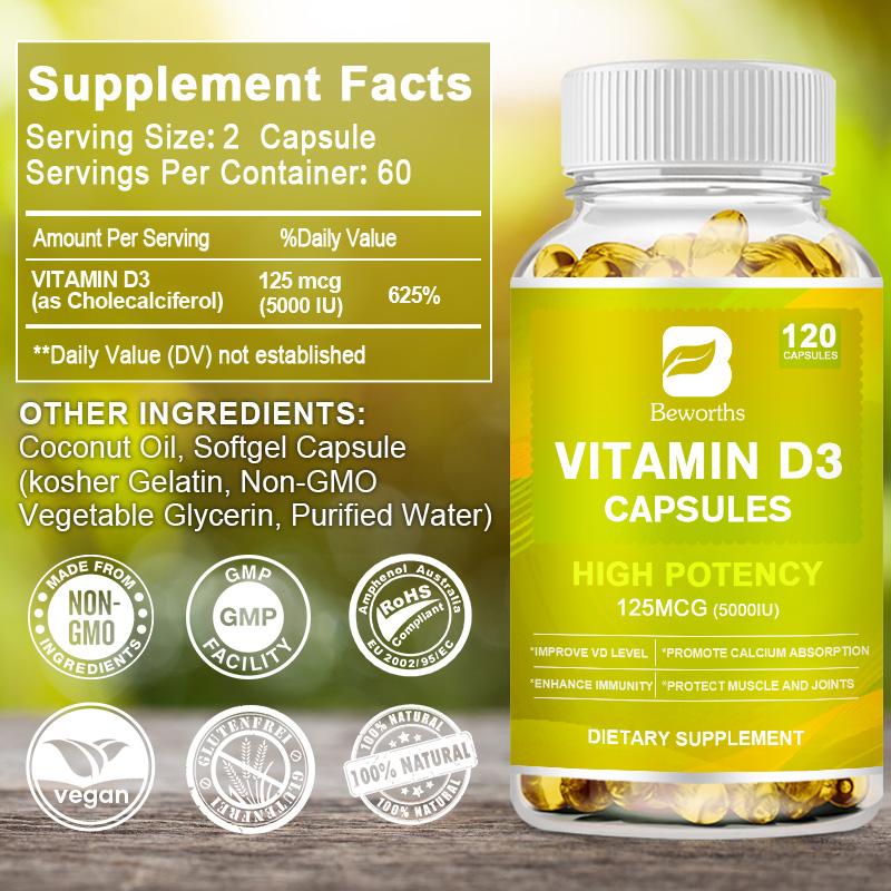 BEWORTHS Vitamin D3 Capsules 5000iu (125mcg) with Coconut Oil High Potency for Immune & Bone Support Promote Calcium Absorption