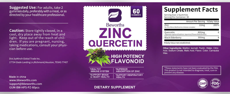 BEWORTHS Zinc Quercetin Gummies for Immune Strengthen Support Cardiovascular & Respiratory Health Brain & Heart Health