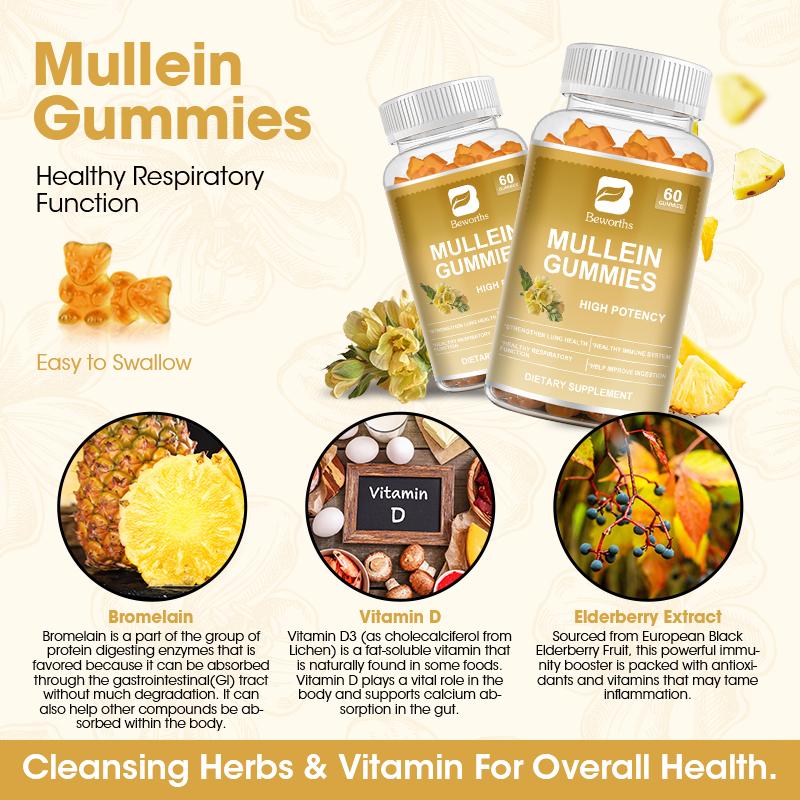 BEWORTHS Mullein Gummies 200mg with Elderberry & Bromelain, D3 for Lung Cleanse Respiratory Function Digestive Health & Immune Strength