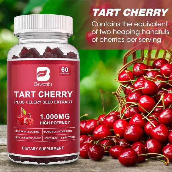 BEWORTHS Tart Cherry Gummies 1000mg Plus 200mg Celery Seed Extract for Joint Comfort Uric Acid Cleanse Powerful Antioxidant Healthy Sleep Cycle