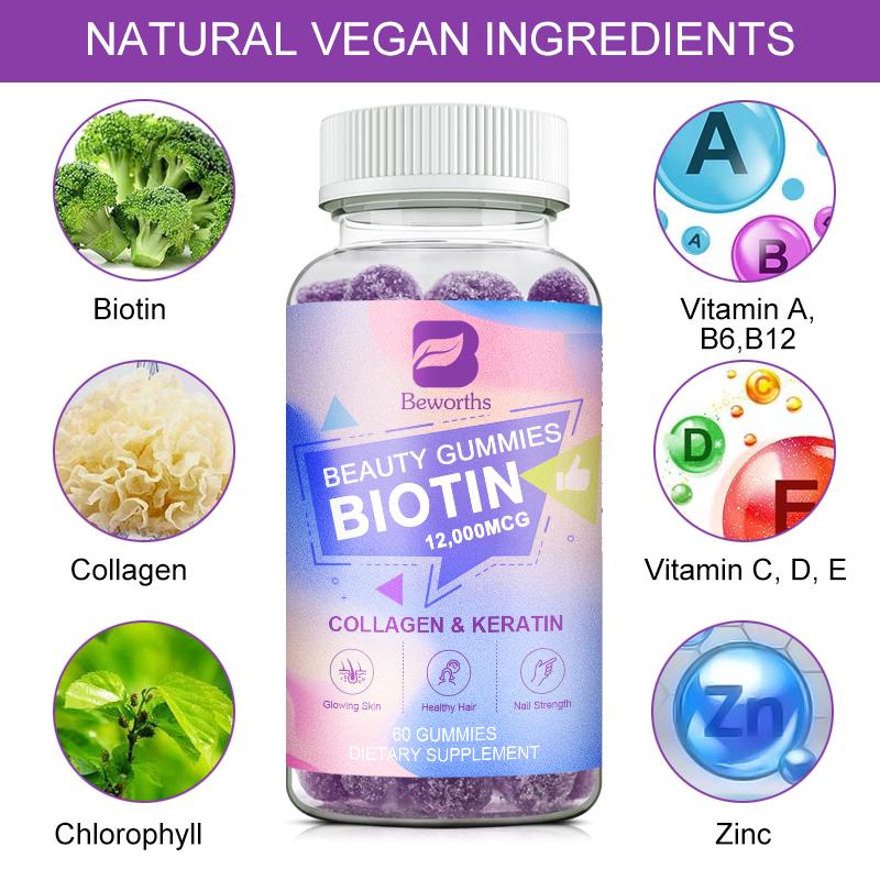 BEWORTHS Biotin Gummies 12000mcg with Biotin, Collagen, Keratin, Chlorophyll, Zinc and Vitamin A, B6, B12, C, D, E Complex Supports Hair Skin and Nails Growth for Women & Men