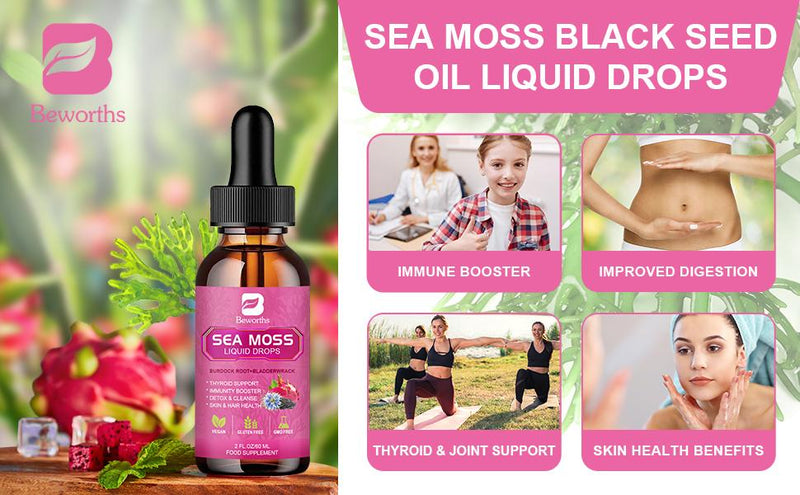 BEWORTHS 60ml Sea Moss Liquid Drops 3000mg with Black Seed Oil ,Burdock Root, Anti-Aging Enhance immunity Skin Hair Health Promote Metabolism and Help Lose Weight