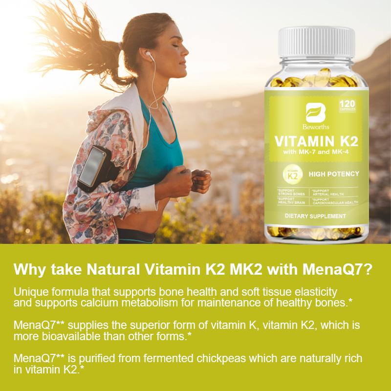 BEWORTHS Vitamin K2 Capsules with MK-7 and MK-4 To Support Healthy Bones & Arteries Healthy Brain Cardiovascular Health Calcium Absorption