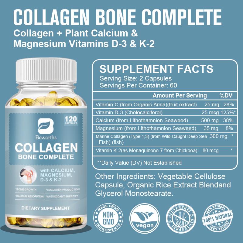 BEWORTHS Collagen Bone Complete Capsules Formula with Plant Calcium & Magnesium for Bone Growth Collagen Production Calcium Absorption Antioxidant Support