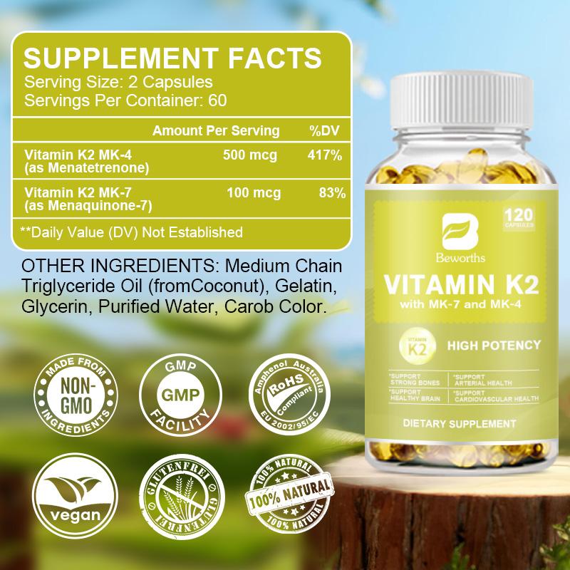 BEWORTHS Vitamin K2 Capsules with MK-7 and MK-4 To Support Healthy Bones & Arteries Healthy Brain Cardiovascular Health Calcium Absorption