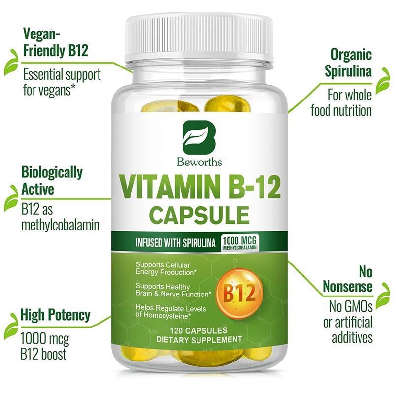 BEWORTHS Vitamin B12 Capsule 1000 Mcg Methyl B12 with Organic Spirulina Supports Healthy Mood, Energy, Heart & Eye Health