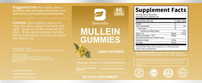 BEWORTHS Mullein Gummies 200mg with Elderberry & Bromelain, D3 for Lung Cleanse Respiratory Function Digestive Health & Immune Strength