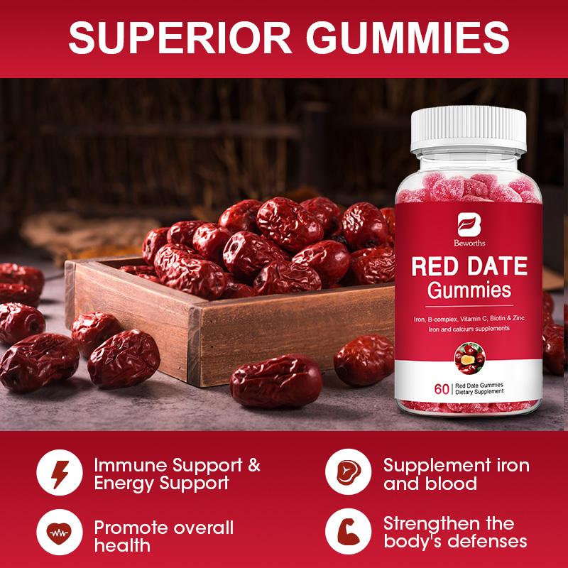 BEWORTHS Red Date Gummies with Vitamin C and Zinc&B Complex Helps Relieve Fatigue Blood Health for Women Kids Adults Supports Energy