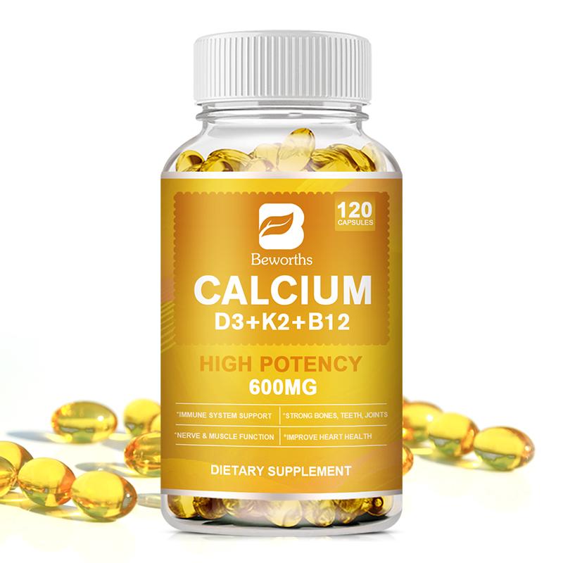 Beworths 4-in-1 Calcium 600 Mg with Vitamin D3 K2 B12 Capsules for Bone Strength Heart Health Immune Support Nerve & Muscle Function for Women & Men