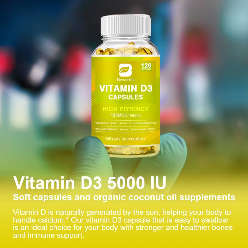 BEWORTHS Vitamin D3 Capsules 5000iu (125mcg) with Coconut Oil High Potency for Immune & Bone Support Promote Calcium Absorption