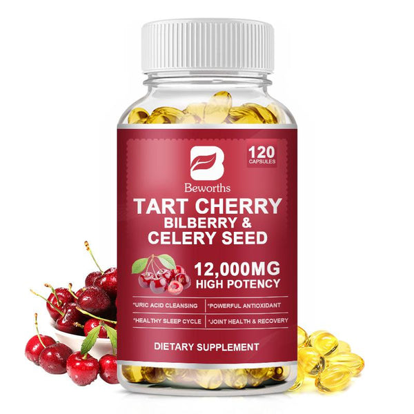 BEWORTHS Organic Tart Cherry Extract Capsules with Bilberry Fruit & Celery Seed | 1200mg Premium Uric Acid Cleanse for Joint Support & Muscle Recovery