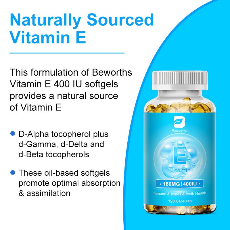 BEWORTHS Vitamin E Capsules 180 Mg 400IU Dl-Alpha Dietary Supplement for Antioxidant Support Healthy Bone And Teeth Improve Immunity