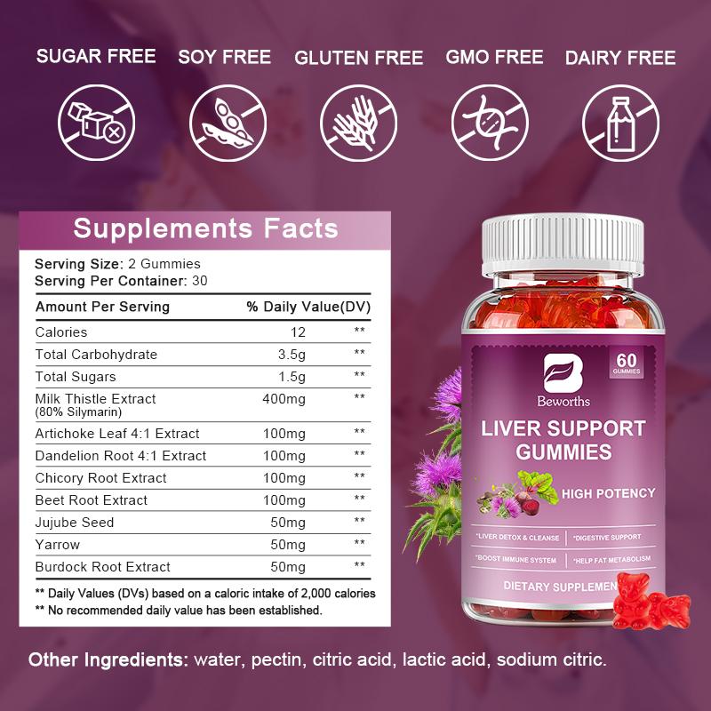 BEWORTHS Liver Support Gummies 950MG with Milk Thistle & Dandelion Extract Natural Liver Health Formula for Liver Cleanse Detox & Repair Strength Immune Health