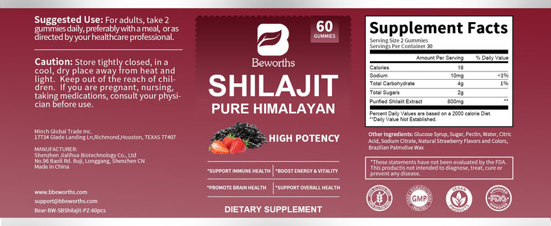 BEWORTHS Shilajit Gummies 800MG with Himalayan 85+ Trace Minerals for Energy, Strength & Immunity for Men & Women