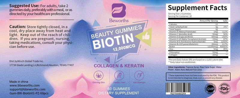 BEWORTHS Biotin Gummies 12000mcg with Biotin, Collagen, Keratin, Chlorophyll, Zinc and Vitamin A, B6, B12, C, D, E Complex Supports Hair Skin and Nails Growth for Women & Men