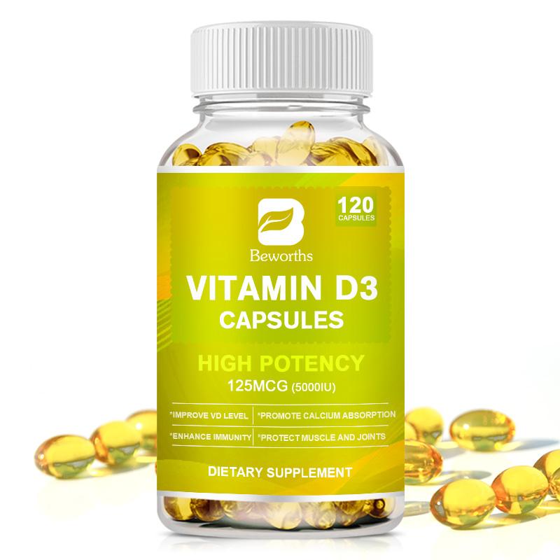 BEWORTHS Vitamin D3 Capsules 5000iu (125mcg) with Coconut Oil High Potency for Immune & Bone Support Promote Calcium Absorption