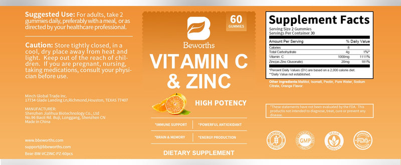 BEWORTHS Vitamin C & Zinc Gummies for Immune Support Powerful Antioxidant Energy Production Brain & Memory