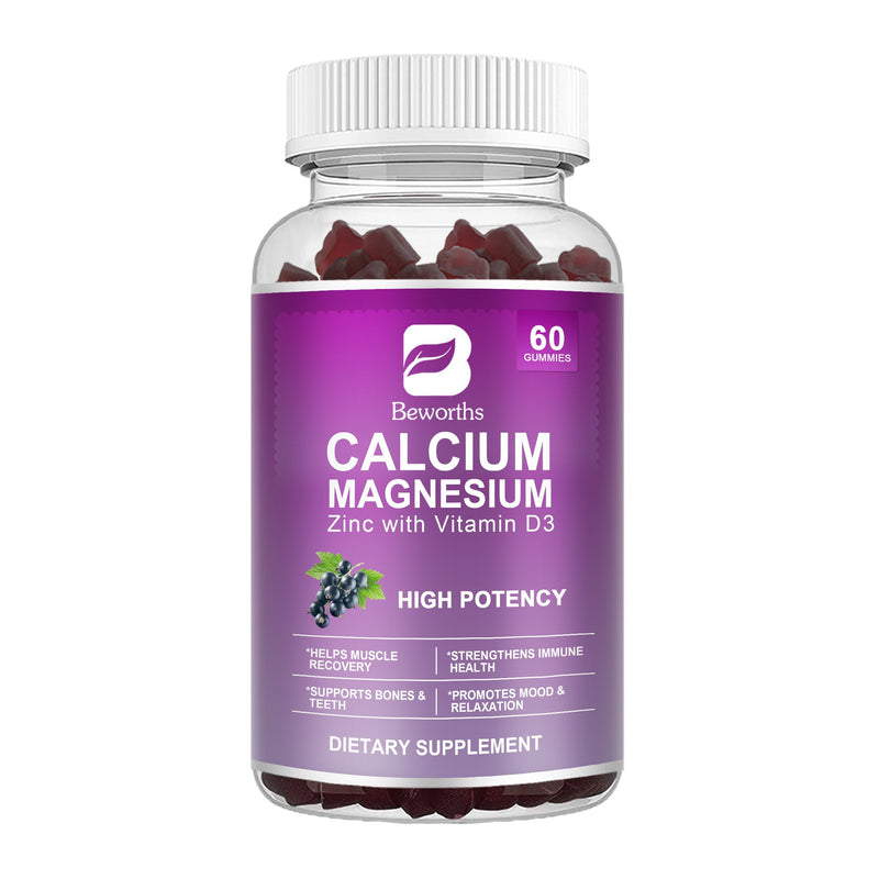 BEWORTHS Calcium Magnesium Zinc Gummies with Vitamin D3 for Muscle Recovery Bone & Teeth Health Promote Mood & Relaxation Strengthen Immune Health 60 Count