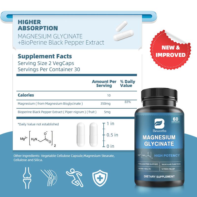 Magnesium Glycinate, Fully Chelated Bisglycinate with BioPerine, High Absorption Formula, Stress, Bones, Muscle & Relaxation Support