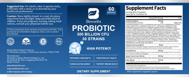 BEWORTHS Probiotic Capsules 300 Billion CFU 30 Strains for Digestion & Gut Health Longer Lasting Energy Support Immune Health