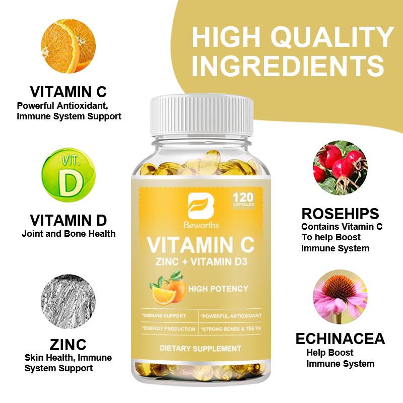 BEWORTHS Vitamin C 2000MG, Zinc 40 Mg, Vitamin D3 5000 IU, Echinacea Extract, Rose Hip, Immune Support for Adults & Kids, Immune Booster